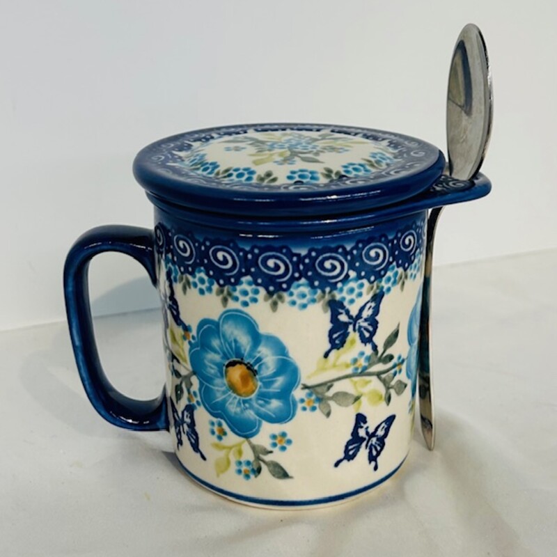 Polish Pottery Tea Mug with Steeper
Blue Cream Green Size: 5 x 4.5H
