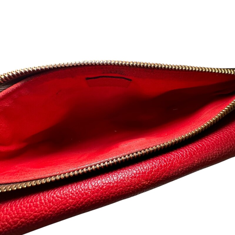 Louis Vuitton Twice Red Monogram Crossbody<br />
<br />
Date Code:FL3185<br />
<br />
Dimensions: 9 L X 6 H inches<br />
<br />
In good condition. Some wear on the leather, interior marks, and some scratching od the hardware.<br />
<br />
Does not come with original dust bag or box.