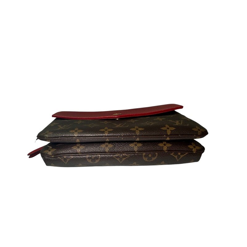 Louis Vuitton Twice Red Monogram Crossbody<br />
<br />
Date Code:FL3185<br />
<br />
Dimensions: 9 L X 6 H inches<br />
<br />
In good condition. Some wear on the leather, interior marks, and some scratching od the hardware.<br />
<br />
Does not come with original dust bag or box.