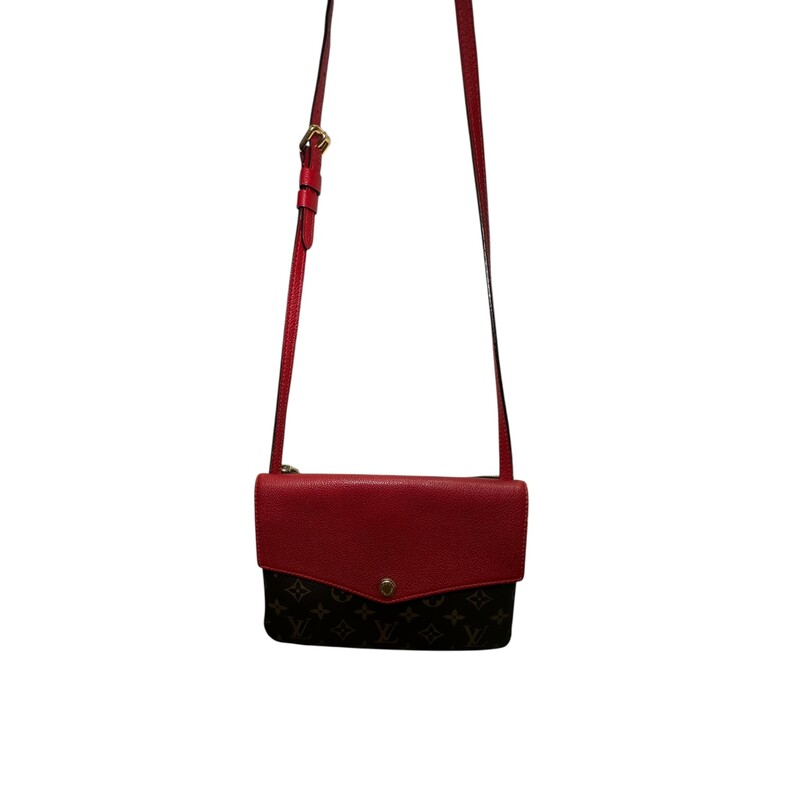 Louis Vuitton Twice Red Monogram Crossbody<br />
<br />
Date Code:FL3185<br />
<br />
Dimensions: 9 L X 6 H inches<br />
<br />
In good condition. Some wear on the leather, interior marks, and some scratching od the hardware.<br />
<br />
Does not come with original dust bag or box.