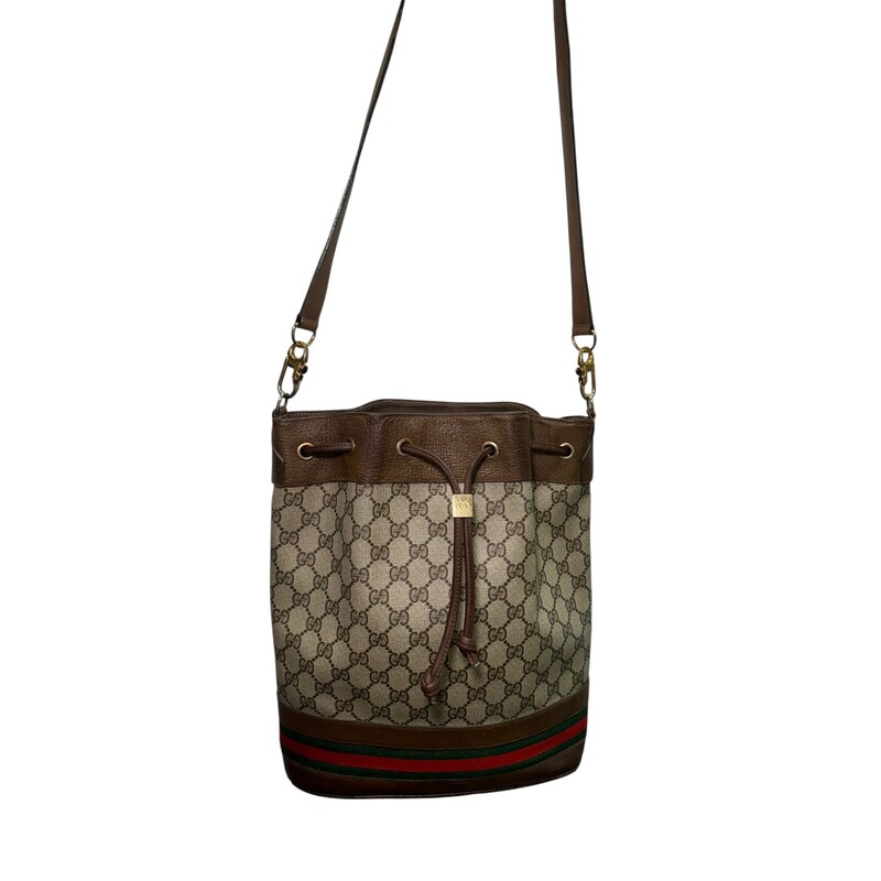 Gucci Bucket Ophidia Crossbody<br />
<br />
Date Code: 00158-4793<br />
<br />
Dimensions: 10 H x 11L inches<br />
<br />
In good condition. Some wear on the piping, marks througout the canvas and some interior waer.<br />
<br />
Does not come with original dust bag or box.
