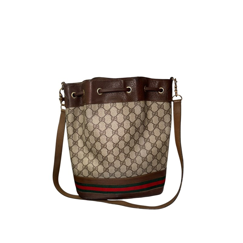 Gucci Bucket Ophidia Crossbody<br />
<br />
Date Code: 00158-4793<br />
<br />
Dimensions: 10 H x 11L inches<br />
<br />
In good condition. Some wear on the piping, marks througout the canvas and some interior waer.<br />
<br />
Does not come with original dust bag or box.
