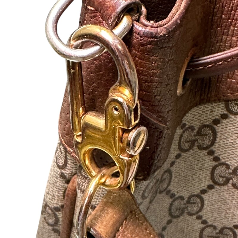 Gucci Bucket Ophidia Crossbody<br />
<br />
Date Code: 00158-4793<br />
<br />
Dimensions: 10 H x 11L inches<br />
<br />
In good condition. Some wear on the piping, marks througout the canvas and some interior waer.<br />
<br />
Does not come with original dust bag or box.