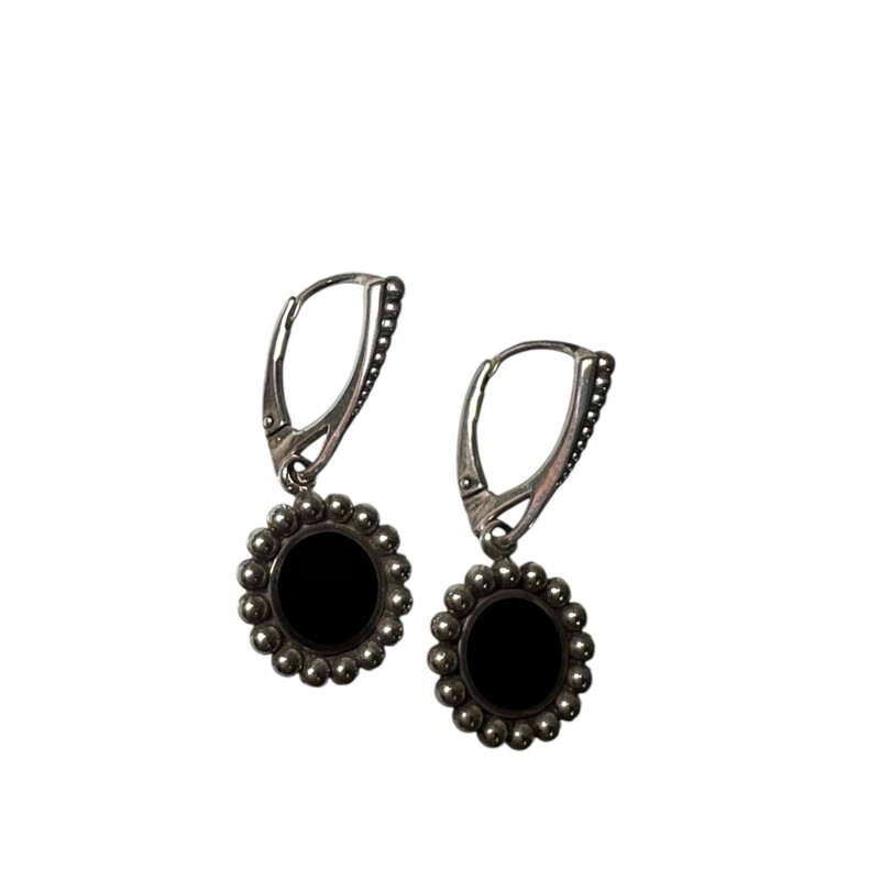 Lagos Onyx Circle Drop Earrings.<br />
<br />
Sterling Silver<br />
<br />
Dimensions: 36mm x 9mm<br />
<br />
In very good condition. Faint scratching.<br />
<br />
Does not come with original dusrt bag or box.