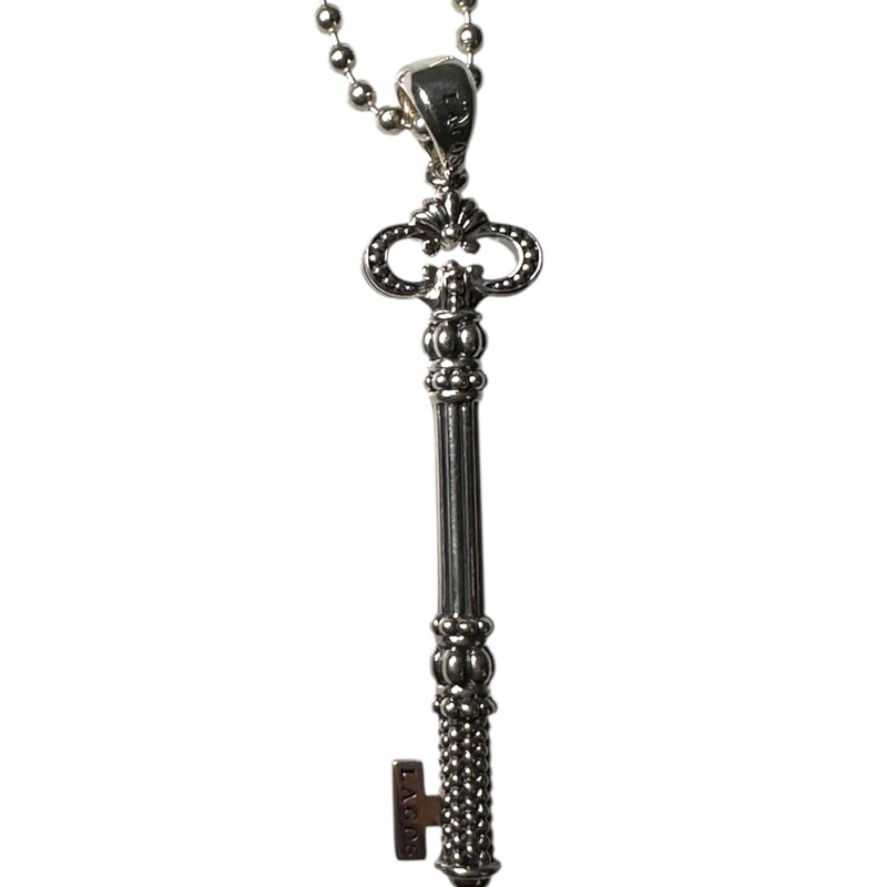 Lagos Skeleton Key Necklace<br />
<br />
Composition: .925 Sterling Silver<br />
<br />
Dimensions:<br />
<br />
Chain Length:30 inches<br />
<br />
In excellent condition. Some minor scratches on the hardware.<br />
<br />
Comes with original dust bag. No box.