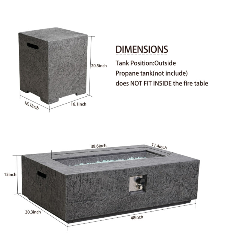 Naga Bahna 2pc Propane Fire Pit<br />
Grey with Glass Wind Guard<br />
Size: 56x28x13H<br />
Lightweight Concrete: This outdoor fire table set is constructed of lightweight concrete and features a modern light beige finish. This provides a highly durable structure that can hold a substantial amount of weight.<br />
50,000 BTU: Featuring a rectangular shape and a BTU of 50,000, our gas fire pit table allows easy seating arrangements for you and your guests, providing light and warmth all around during those chilly evenings.<br />
Multi-functional: This accessory provides plenty of tablespace on one side, allowing you to use this as both a coffee table and a patio fire pit propane.<br />
Glass Wind Guard: This rectangle fire pit table comes with a matching glass guard to protect you from fire damage and increases aesthetics. This is made of tempered glass so you can rest assured of the quality and arrange this piece however you please and your set will always look classy.<br />
NEW Retail $460   ITEM NOT IN STORE YET. CALL STORE FOR INFO 440-835-1403