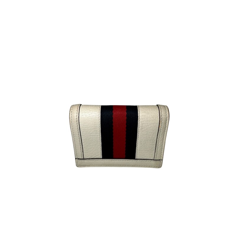 Gucci Ophidia Leather Cream Red Blue Stripe<br />
<br />
Code: 523155 496334<br />
<br />
Dimensions:<br />
4.5W x 3.5H x 1D<br />
<br />
In good condition. Light wear to the corners. Snap is not super strong.<br />
<br />
Comes with the original dust bag. No box.