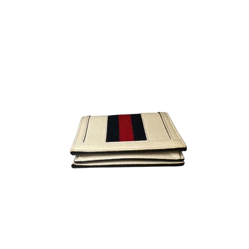 Gucci Ophidia Leather Cream Red Blue Stripe<br />
<br />
Code: 523155 496334<br />
<br />
Dimensions:<br />
4.5W x 3.5H x 1D<br />
<br />
In good condition. Light wear to the corners. Snap is not super strong.<br />
<br />
Comes with the original dust bag. No box.