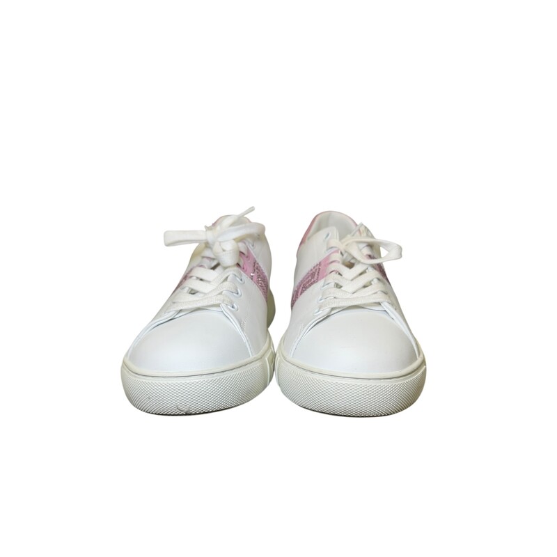 Versace Crystal Embellish Pink Leather Sneaker<br />
<br />
Size 41<br />
<br />
In very good condition. Light scuffing to the bottoms.<br />
<br />
Does not come with the original dust bag or box.