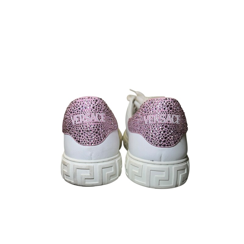 Versace Crystal Embellish Pink Leather Sneaker<br />
<br />
Size 41<br />
<br />
In very good condition. Light scuffing to the bottoms.<br />
<br />
Does not come with the original dust bag or box.