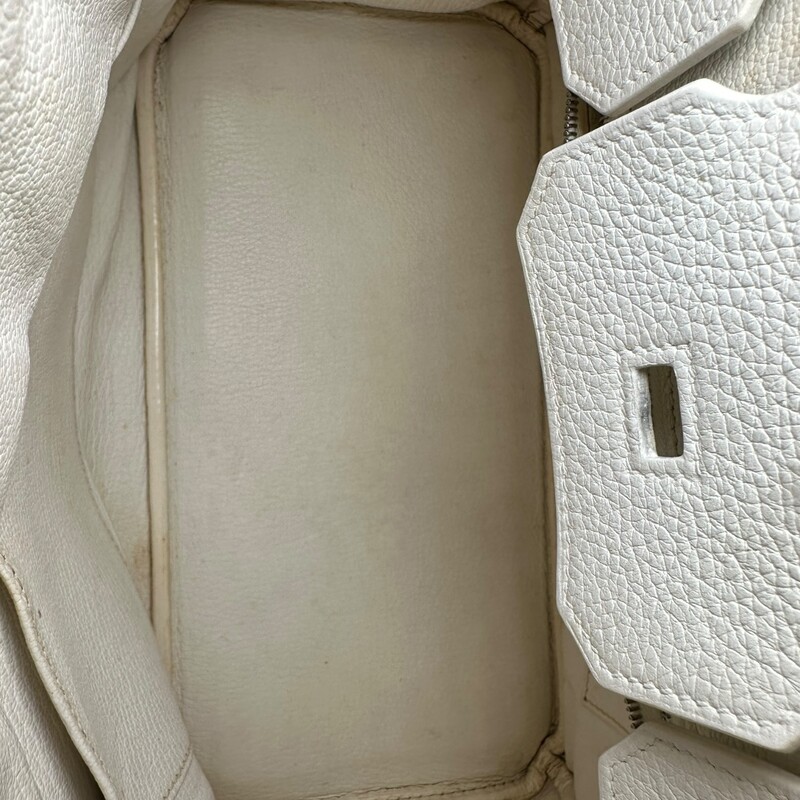 Hermes Birkin Clemence Leather  Palladium Hardware<br />
<br />
Size 30<br />
<br />
Date Code: M in Square<br />
<br />
Dimensions: 11.5 W x 9 H x  6 D inches<br />
<br />
In good condition. Wear on the handles, marks through out the leather,and intetrior marks. Missing lock but has keys.<br />
<br />
Comes with the original dust bag. No box or other accessories included. Does not come with the original lock.