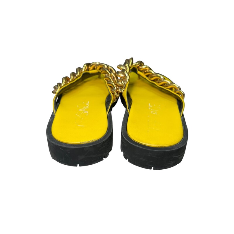 Versace Chain Leather Sandals<br />
<br />
 Yellow,Gold<br />
<br />
 Size: 41<br />
<br />
In good condition, Some scratches and rubbed off logo on soles.<br />
<br />
Does not come with original dust bag or box.