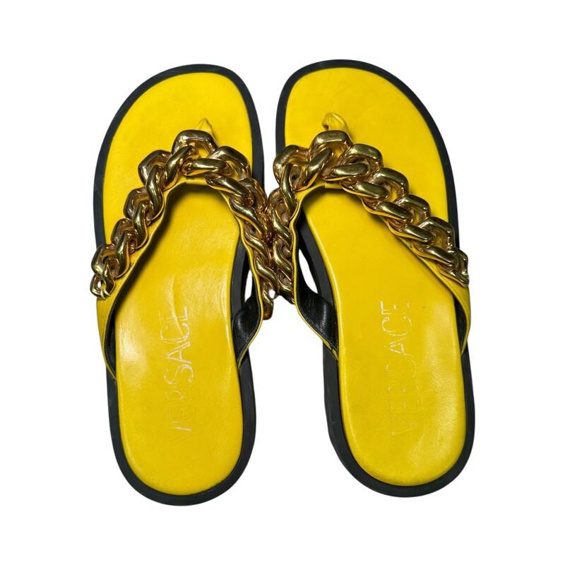 Versace Chain Leather Sandals<br />
<br />
 Yellow,Gold<br />
<br />
 Size: 41<br />
<br />
In good condition, Some scratches and rubbed off logo on soles.<br />
<br />
Does not come with original dust bag or box.