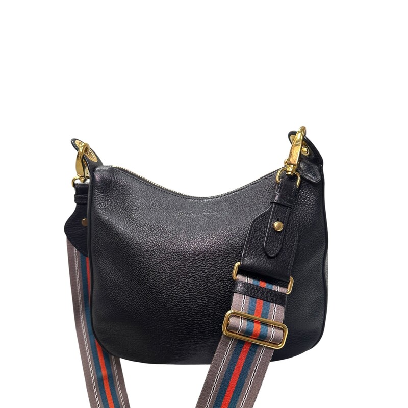 Prada Black Vitello Phenix Leather Web Stripe Strap Crossbody<br />
<br />
Factory Code: 165<br />
<br />
Dimensions:12 L  x 3 W  x 10 H inches<br />
<br />
In very good condition . Minor scratching on hardware.<br />
<br />
Come with the original dust bag. No box.