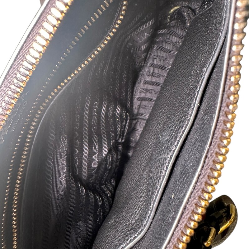 Prada Black Vitello Phenix Leather Web Stripe Strap Crossbody<br />
<br />
Factory Code: 165<br />
<br />
Dimensions:12 L  x 3 W  x 10 H inches<br />
<br />
In very good condition . Minor scratching on hardware.<br />
<br />
Come with the original dust bag. No box.