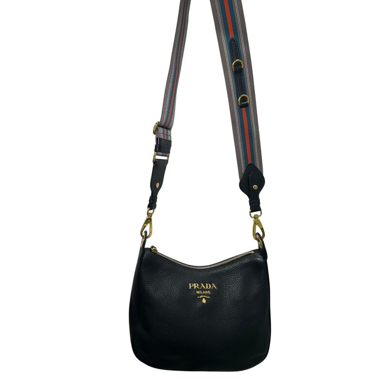 Prada Black Vitello Phenix Leather Web Stripe Strap Crossbody<br />
<br />
Factory Code: 165<br />
<br />
Dimensions:12 L  x 3 W  x 10 H inches<br />
<br />
In very good condition . Minor scratching on hardware.<br />
<br />
Come with the original dust bag. No box.