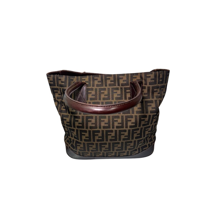 Fendi Zucca Logo Tote<br />
<br />
Serial Code: 71-16328-0--012<br />
<br />
Dimensions: 14L x 11H inches<br />
<br />
In very good condition. Some scratches on the leather strap and leather bottom.<br />
<br />
Does not come with original dust bag or box.