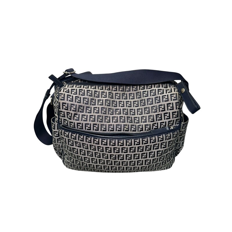 Fendi Zucca Diaper Logo Navy Messanger Bag<br />
<br />
Serial Code:7VB009-FOT 189-3355<br />
<br />
Dimensions: 12 L X 11 H inches<br />
<br />
In very good condition. Some marks on the canvas and some minor marks on the interior.<br />
<br />
Does not come with original dust bag or box.