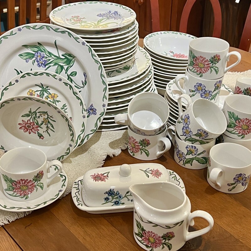 Dish Set International China Company,
Terace Blossom, Floral, Size: 61 Pcs

12 dinner plates, 12 salad plates, 12 bowls, 12 cups,
11 saucers, 1 butter dish, 1 creamer.