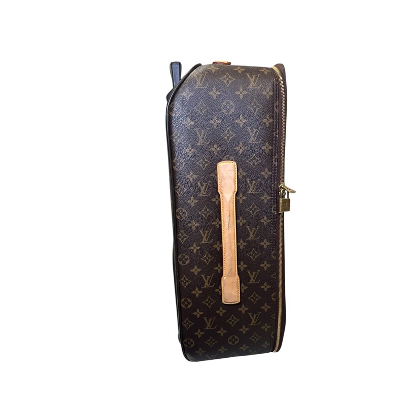 Louis Vuitton Monogram Pegase 50 Rolling Suitcase<br />
<br />
2 Wheels<br />
<br />
Date Code:SR0068<br />
<br />
Dimensions: 21 L x14 H inches<br />
<br />
In very good condition. Moderate scuffs on  leather trims and handles.<br />
<br />
Does not come with original dust bag or box.<br />
<br />
<br />
Does not come with original dust bag or box. Comes with the lock but no keys .