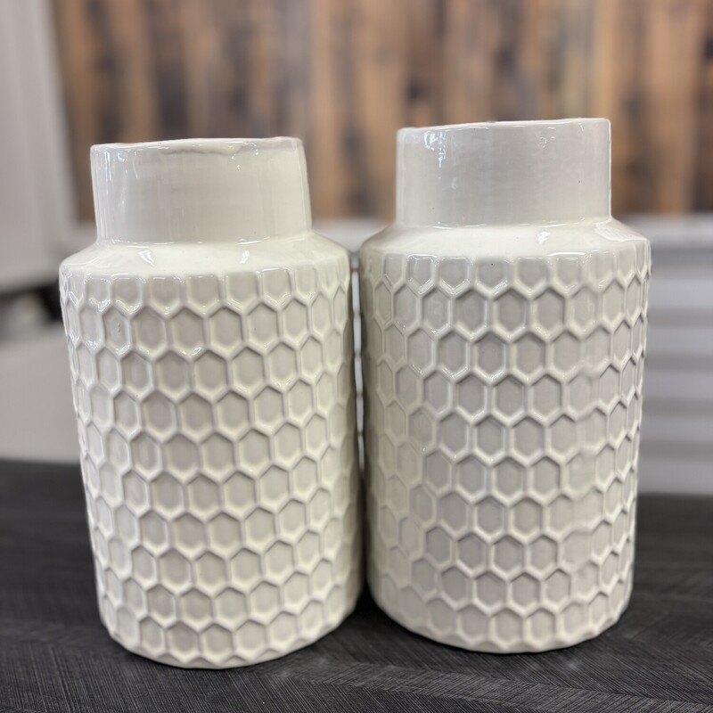 2 Cream Honeycomb Vases, Size: 5x9 Inches