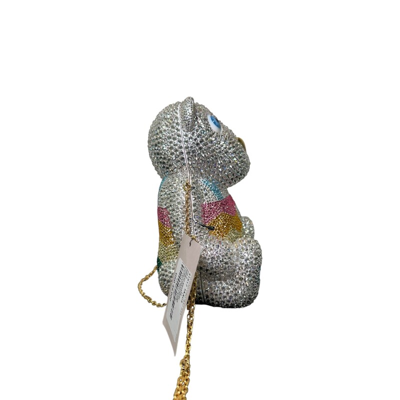 Gucci Teddy Bear Minaudière Handbags<br />
<br />
In excellent condition. New with the tag.<br />
<br />
Comes with the original dust bag and box.<br />
<br />
The GG style minaudière, shaped like a teddy bear, features silver-toned and black brass, adorned with hand-applied clear and black crystals. This version showcases resin eyes that gleam in a rich brown. Enhancing its luxurious appeal, a gold-toned Interlocking G chain strap complements the bag. The inside offers room for essentials, presented in a refined creamy-white shade.
