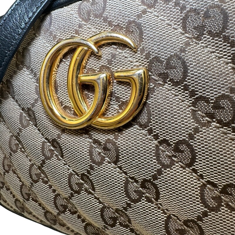 Gucci Marmont  Monogram Canvas Crossbody<br />
<br />
Style Code: 447632 4876628<br />
<br />
Dimensions: 9L  x 6 H inches<br />
<br />
In good condition. Some light discoloration of the harware, slight wear on the leather piping and interior marks.<br />
<br />
Does not come with oriignal dust bag or box.