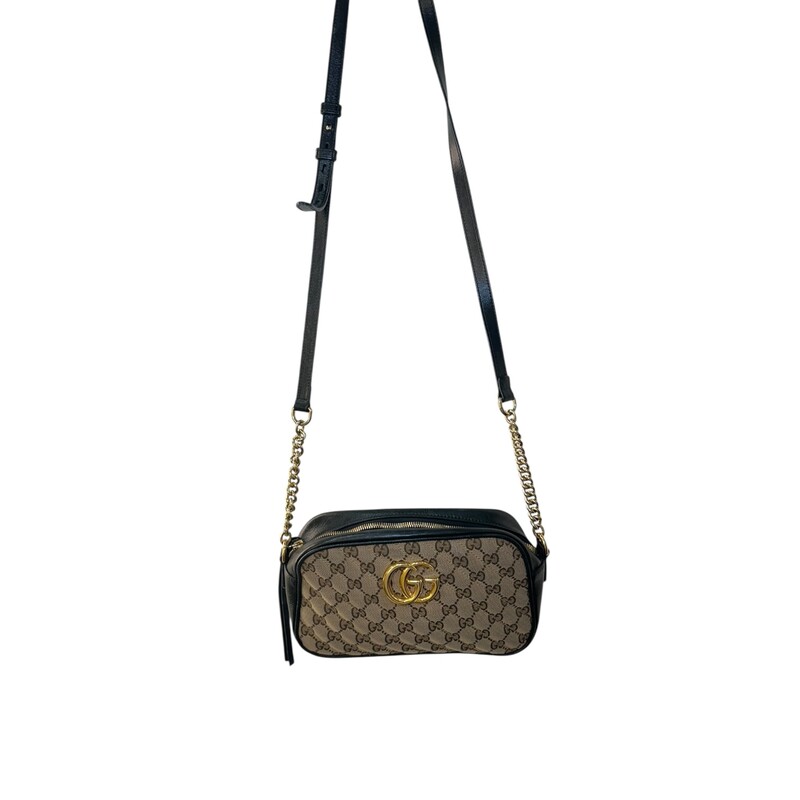 Gucci Marmont  Monogram Canvas Crossbody<br />
<br />
Style Code: 447632 4876628<br />
<br />
Dimensions: 9L  x 6 H inches<br />
<br />
In good condition. Some light discoloration of the harware, slight wear on the leather piping and interior marks.<br />
<br />
Does not come with oriignal dust bag or box.