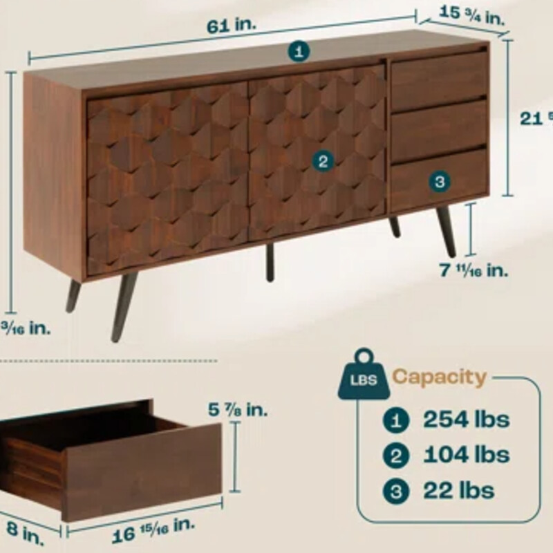 MCM Geo Pattern Console<br />
Dark Brown Wood<br />
Size: 61x16x29H<br />
Multipurpose sideboard for dining, living room or bedroom. Adjustable Shelves.<br />
NEW  Retail $1100