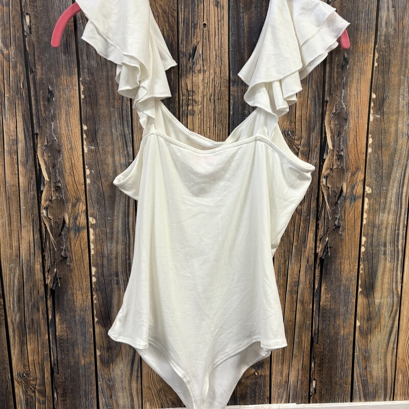White Ruffle Pink Lily Bodysuit, Size: L