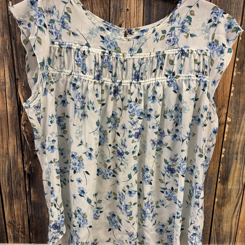 White Blue Floral Top, Size: L