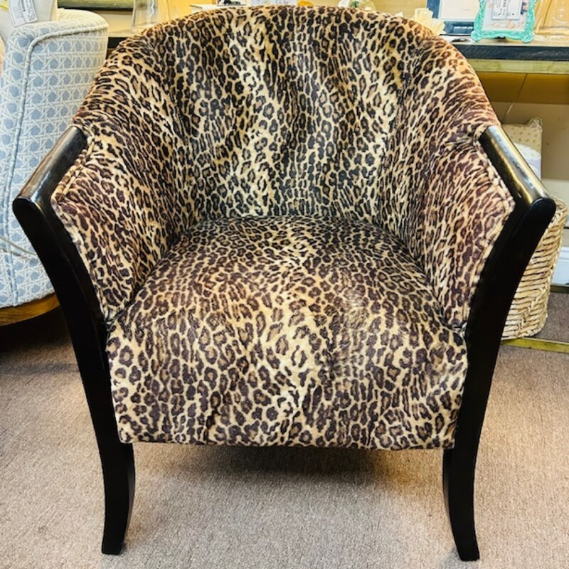 Leopard Print Accent Chair
Brown Tan Upholstery with  Black Wood Trim
Size: 27x24x34H
As Is-Minor Blemish
