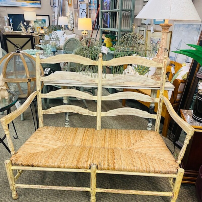 Curve Back Rush Seat Bench
Distressed Yellow  Tan Wood
Removable Light Green Red Cream Cushions
Size: 52x28x40H