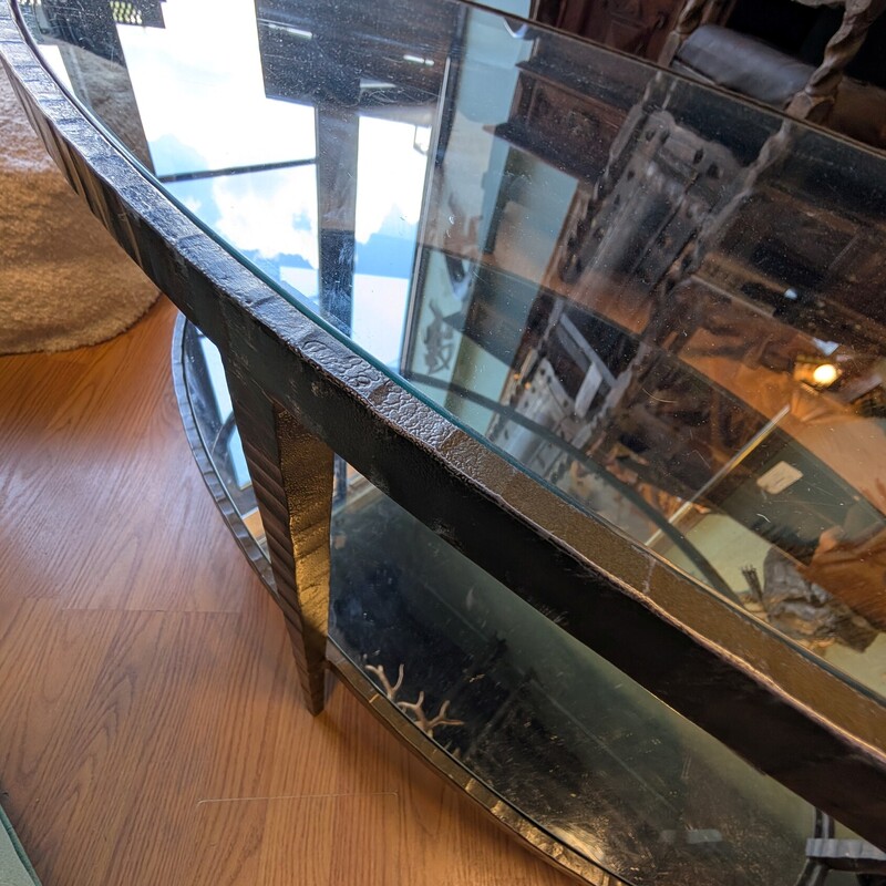 Crate & Barrel Iron Coffee, Oval Glass, Mirror on Bottom<br />
48 x 30 x 19h