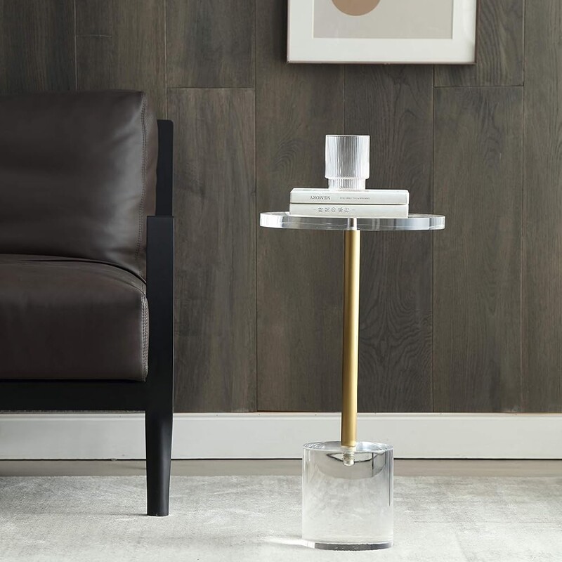 Artmaze Acrylic & Brass Accent Table<br />
Clear Gold Size: 12 x 21H<br />
Retails: $159+
