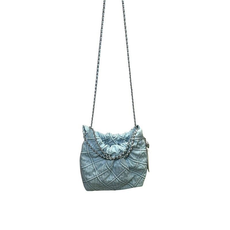 Tory Burch Mini Denim Fleming Quilted Crossbody<br />
<br />
Dimensions:<br />
Height: 8.7 (22cm); length: 7.1 (18cm); depth: 2.8<br />
<br />
In excellent condition. New With Tags<br />
<br />
Comes with the original dust bag. No box.