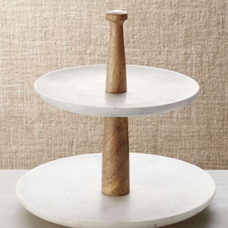 Crate & Barrel Marble Wood 2-Tier Server
White Tan
Size: 10x10H