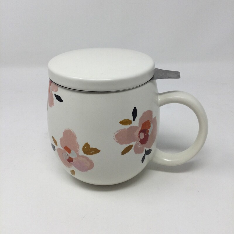 Tea Mug & Strainer Insert,
Cream/Pink,
Size: 4.5 X 5 In