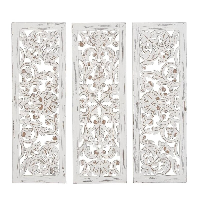 3 Piece Wood Carved Wall Panels<br />
White Tan Size: 36 x 36H<br />
Each panel: 12 x 36H