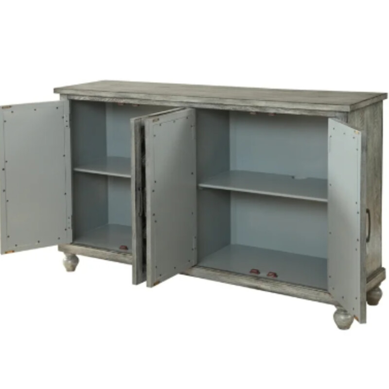 4 Door Mirrored Cabinet<br />
Grey Mirroed Cabinet with Wood Overlay<br />
Size: 60x15x35H<br />
NEW  Retail $975+