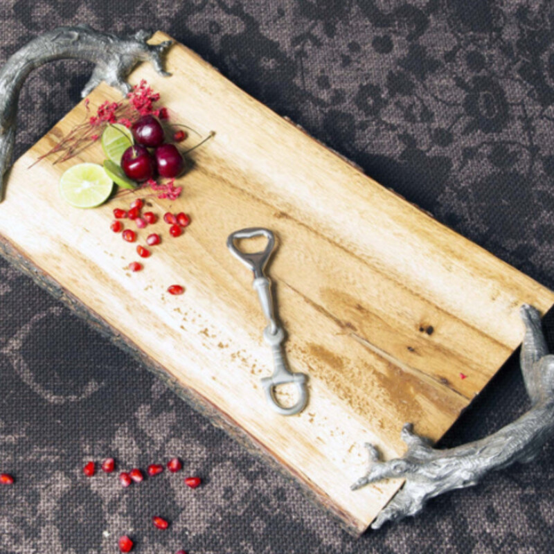 Vagabond House Natural Tree Bark Tray
Slab Cut Acacia Wood with Pewter Handles
Size: 15.5x9x3H
Retail $350
Hand wash recommended and dry with a soft cloth. Wood Care: Oil 1x yearly with food grade mineral oil.
As Is- Small Blemishes on Slab