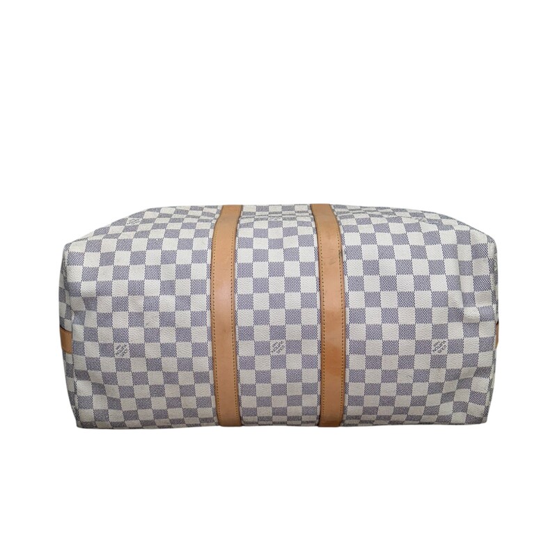 Louis Vuitton Damier Azur Keepall Bandouliere 45<br />
<br />
Date Code:DU2132<br />
<br />
Dimensions:21.7 x 12.2 x 9.4 inches<br />
                       (Length x Height x Width)<br />
<br />
In very good condition. Some water marks on the leather and some scuffs on the canvas.<br />
<br />
Does not come with the original dust bag or box.