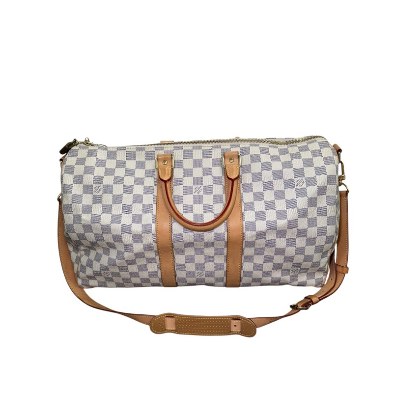 Louis Vuitton Damier Azur Keepall Bandouliere 45<br />
<br />
Date Code:DU2132<br />
<br />
Dimensions:21.7 x 12.2 x 9.4 inches<br />
                       (Length x Height x Width)<br />
<br />
In very good condition. Some water marks on the leather and some scuffs on the canvas.<br />
<br />
Does not come with the original dust bag or box.
