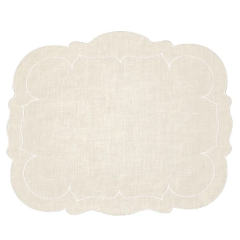 Skyros Scalloped Mats
Cream Linen with White Trim
Size: 19x15
Set of 4
NEW Retail $140+
These exquisite mats are Made in Portugal of 100% pure linen and treated with a light acrylic coating. Caring for the Linho Collection mats is quite easy. Simply wipe a spill clean with a damp cloth! It’s just that effortless, as the mats are extremely stain resistant. Linho mats are designed to add a beautiful monogram, either at the top or center, but are just as exquisite without one.

Coordinating Mats Sold Separately