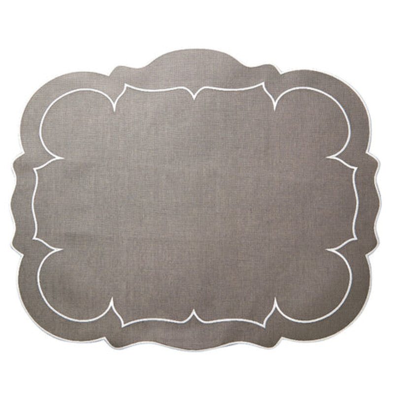 Skyros Scalloped Mats
Grey Linen with White Trim
Size: 19x15
Set of 4
NEW Retail $140+
These exquisite mats are Made in Portugal of 100% pure linen and treated with a light acrylic coating. Caring for the Linho Collection mats is quite easy. Simply wipe a spill clean with a damp cloth! It’s just that effortless, as the mats are extremely stain resistant. Linho mats are designed to add a beautiful monogram, either at the top or center, but are just as exquisite without one.

Coordinating Mats Sold Separately
