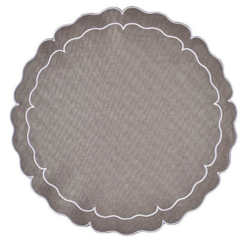Skyros Scalloped Round Mats
Grey Linen with White Trim
Size: 19x15
Set of 4
NEW Retail $140+
These exquisite mats are Made in Portugal of 100% pure linen and treated with a light acrylic coating. Caring for the Linho Collection mats is quite easy. Simply wipe a spill clean with a damp cloth! It’s just that effortless, as the mats are extremely stain resistant. Linho mats are designed to add a beautiful monogram, either at the top or center, but are just as exquisite without one.
