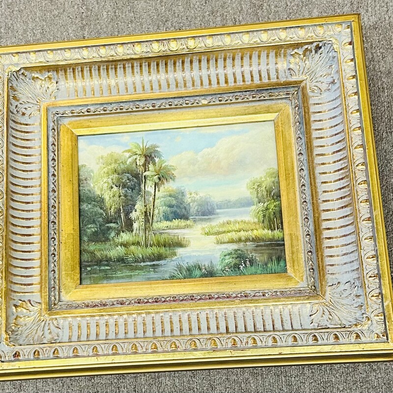 Ornate Palm Trees Oil Painting
Blue Green Gold Size: 18 x 16H
Coordinating print sold separately