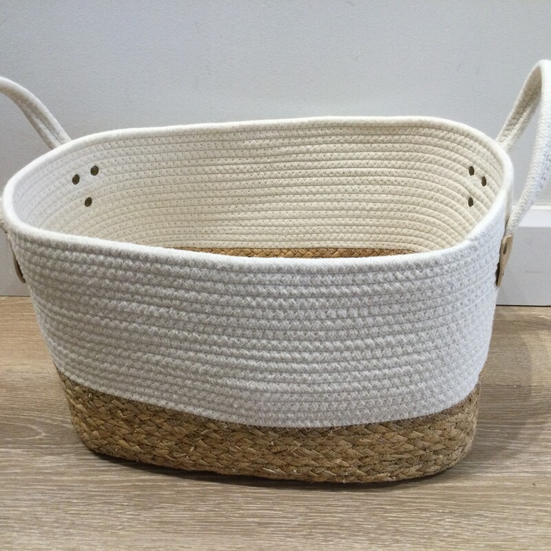 Handled Fabric Basket,
White/Natural Seagrass,
Size: 15 X 11 In