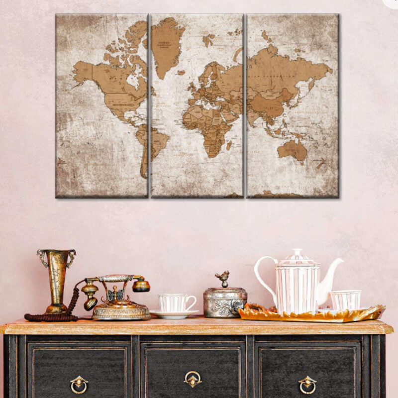 3 Panel World Map Canvas
Tan and Brown
Size: 38x24H
