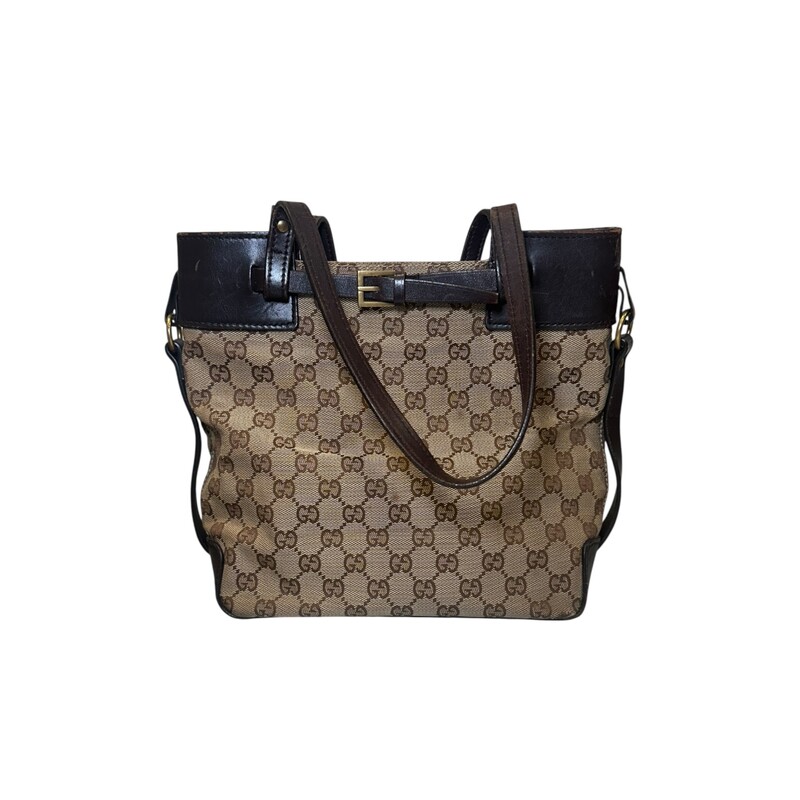 Gucci Canvas Belt  Monogram Tote<br />
<br />
Style Code: 107757 213048<br />
<br />
Dimensions: 12L X 10.5H X 4W<br />
<br />
In very good condition. Scratches on the leather.<br />
<br />
Does not come with original dust bag or box